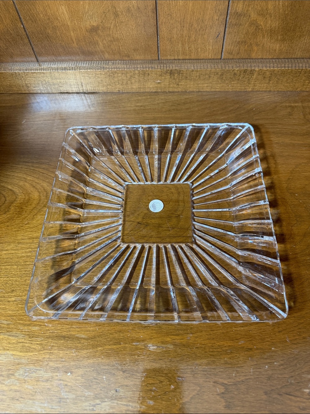 Clear Square Glass Serving Platter - Ribbed Sunburst Design